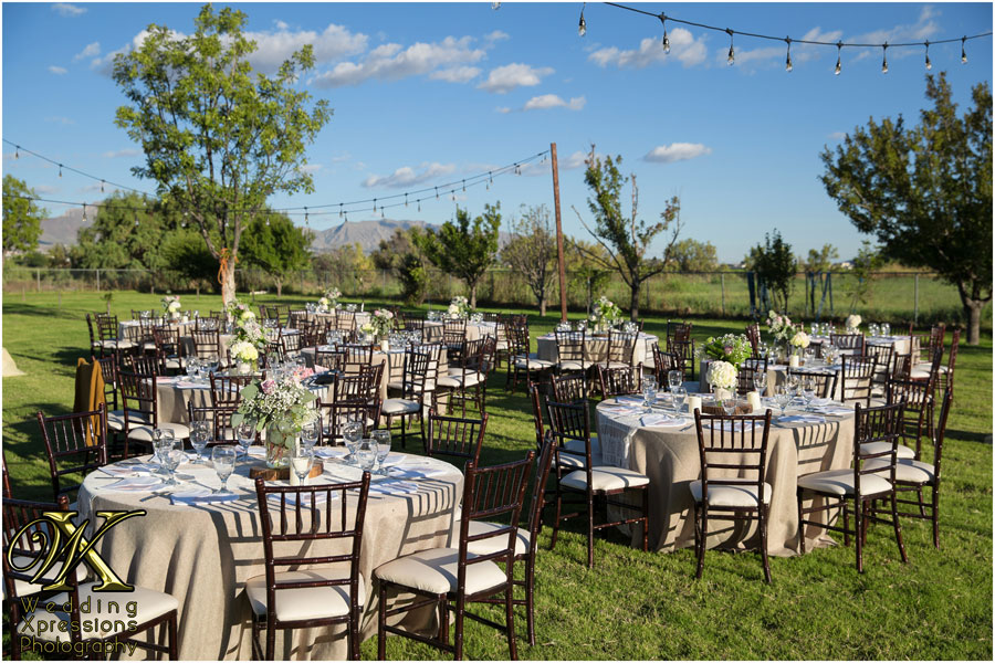 decorated wedding diner tables at ranch backyard wedding
