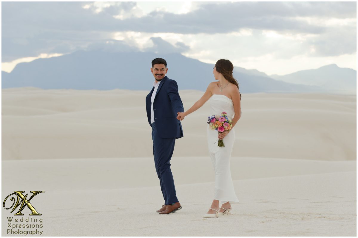 Formal engagement portrait with the Organ Mountains in the distance.