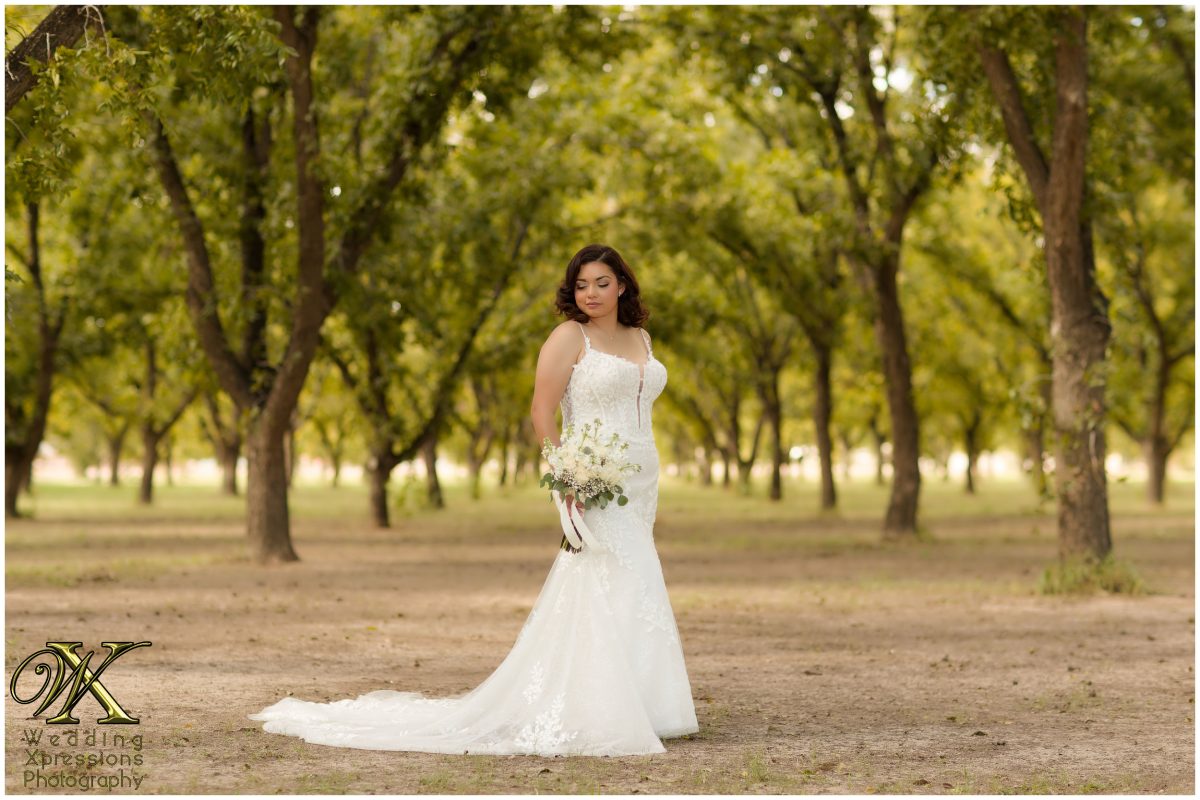 Full-length bridal portrait in the natural, sun-drenched orchard setting.