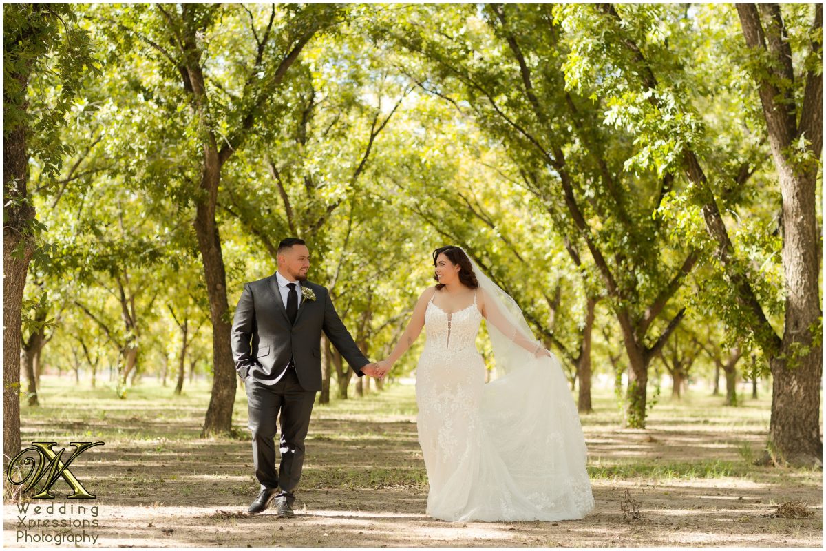 The couple walking away into the trees, a romantic and peaceful orchard portrait.