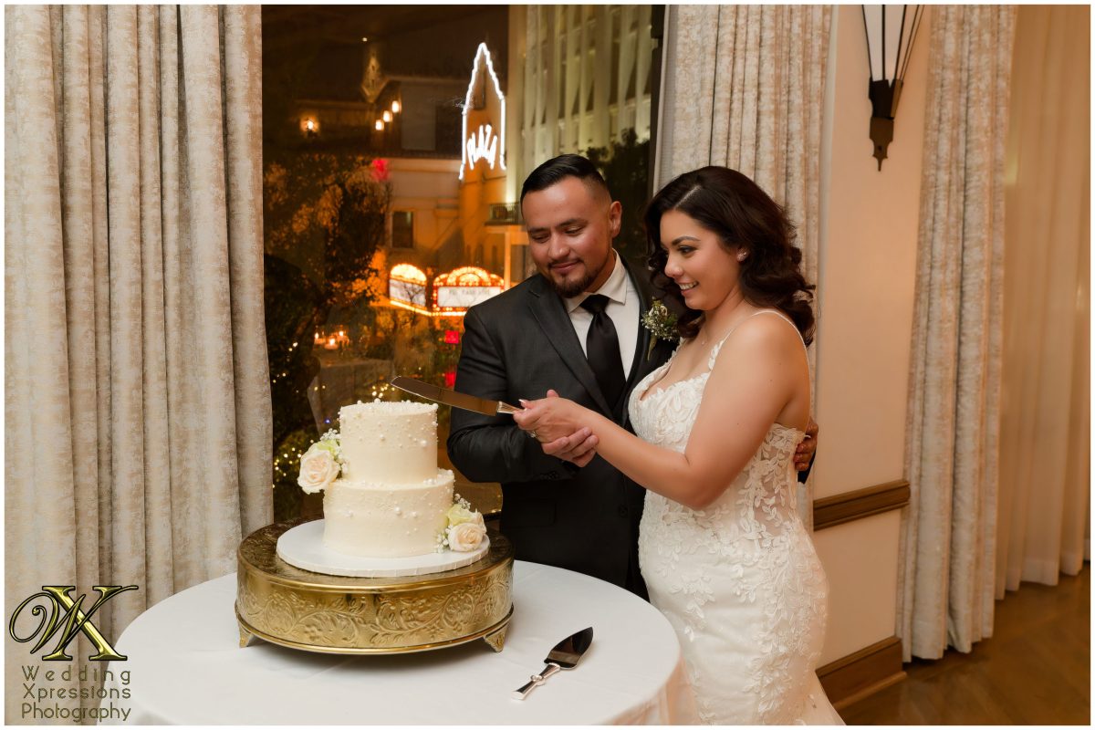 Christian and Melissa cutting their wedding cake together.